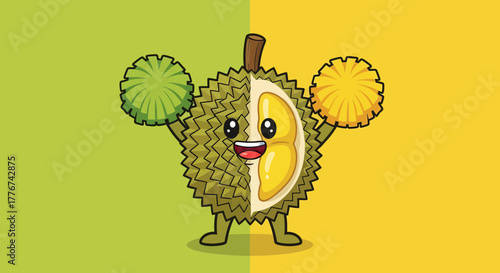 Durian Character With Decorative Elements of Green and Yellow Cheerleader Pompoms Animation