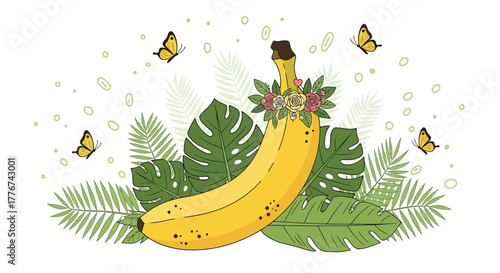 Decorated Banana With Butterflys And Leaves: Whimsical Tropical Fruit Illustration in Color