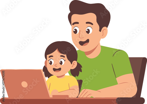 Father and daughter happily learning and playing together on a laptop computer at home