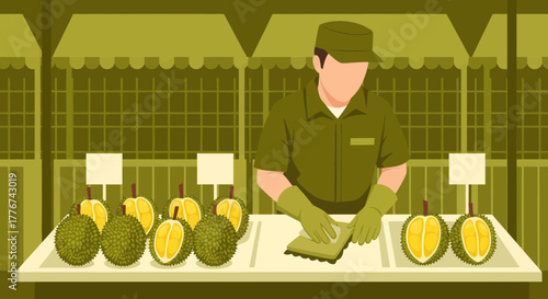 Durian Salesman Preparing Exotic Fruit for Customers at a Vibrant Market Stall
