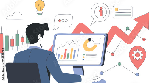 Man in blue suit analyzing financial charts and graphs on computer screen with upward trend arrows and lightbulb