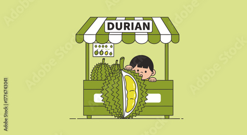Durian Shop Illustration Depicting a Smiling Child Selling and Offering The King Of Fruits