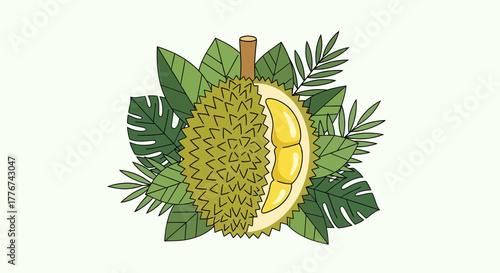 Durian With Tropical Foliage: A Vivid Illustration Against a Soft-Toned Backdrop