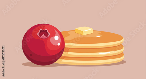 Delicious Pancakes with Butter and a Shiny Red Berry Against a Soft Blush Background