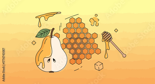 Delicious Pear and Honeycomb Combination on a Warm, Beautiful, Yellow Background