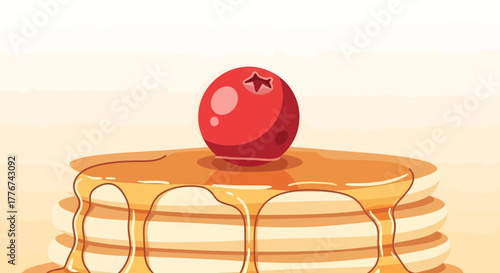 Delicious Stack Of Pancakes Drizzled With Syrup And A Berry On Top For Breakfast