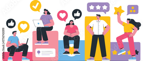 Diverse group of people interacting with digital interfaces showcasing positive feedback and social media engagement