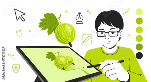 Digital Artist Creating Vibrant Gooseberry Graphics on a Tablet with Modern Design Elements