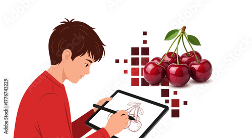 Digital Artist Drawing Fresh Cherries With Stylus And Tablet Illustrative Design