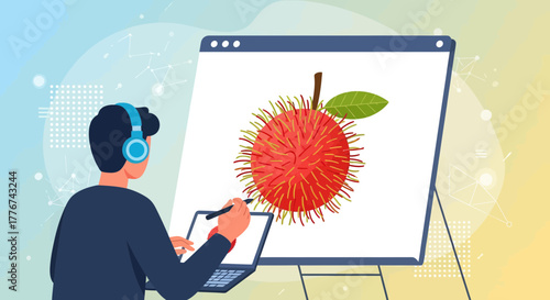 Digital Artist Illustrating Exotic Tropical Fruit, Creative Design on Display Screen
