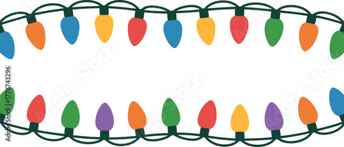 Festive string of colorful christmas lights in a curved shape on a white background