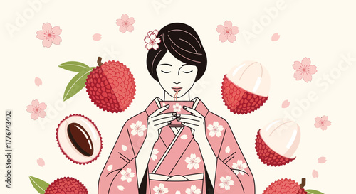 Elegant Young Woman in Kimono Enjoying Refreshing Lychee Drink with Sakura Blossoms