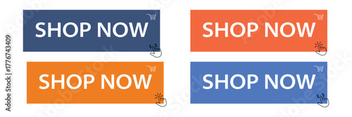 Shop now buttons set vector for online shop. Modern colorful buttons for website design. EPS 10