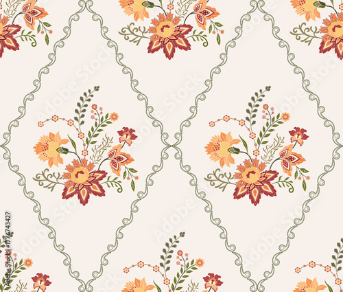 Vector Hand drawn colourful geometric flowers Motifs African boho paisley, seamless patterns with floral for fabric Ethnic Indian Pattern, textiles, clothing, wrapping paper, backdrop, banner.
