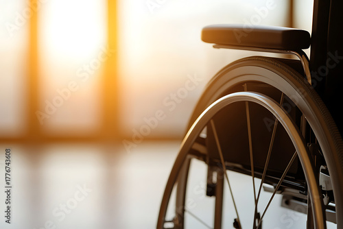 A modern, minimalist view of mobility. The sunlight illuminates a wheelchair's clean lines, suggesting accessibility and hope. Silver frame details stand out.