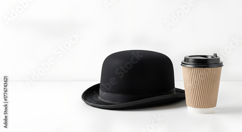 A bowler hat and a paper coffee cup on the table. A combination of old-fashioned style and modern habits. The concept is elegance in everyday life.