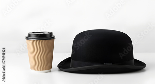 A bowler hat and a paper coffee cup on the table. A combination of old-fashioned style and modern habits. The concept is elegance in everyday life.
