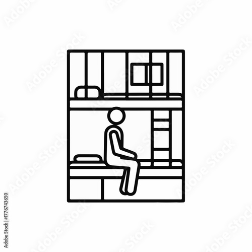 Person sitting on a bunk bed in a dormitory room, representing shared living spaces and simple accommodation.