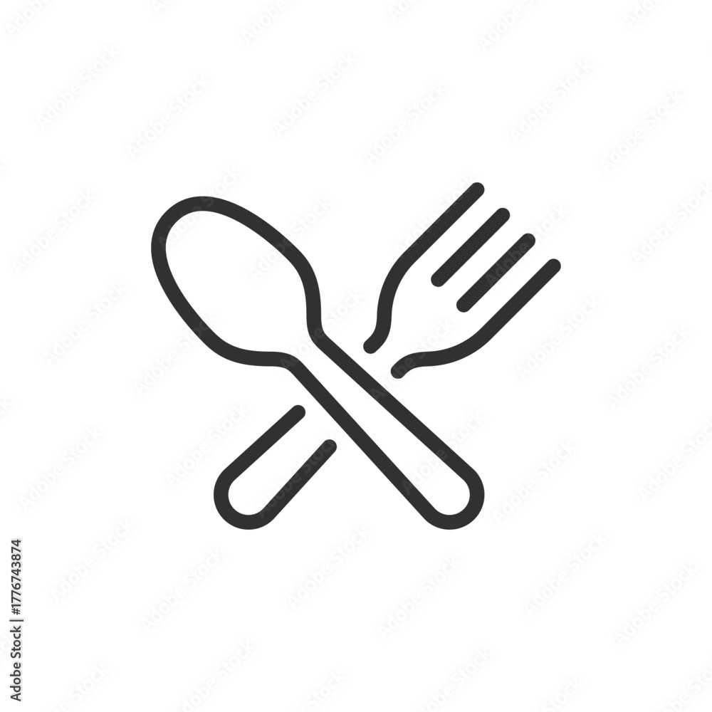 Fototapeta premium Spoon and fork crossed, linear icon. Dining symbol and food service. Line with editable stroke.