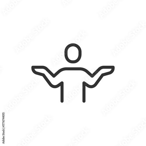 Person with raised arms, linear icon. Uncertainty and moral balance. Line with editable stroke.