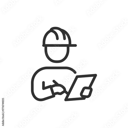 Engineer with tablet, linear icon. Industrial inspection and digital maintenance control. Line with editable stroke.