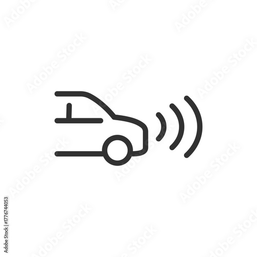 Car with front sensors, linear icon. Vehicle proximity detection. Line with editable stroke.