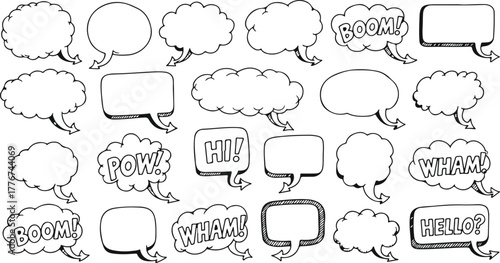 Comic Speech Bubbles Clipart Set Black and White Cartoon Dialogue Balloons Pow Wham Boom Hi on transparent background
