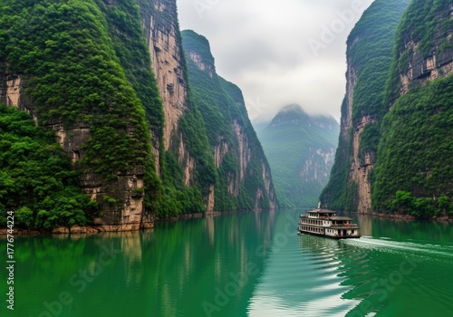Serene Yangtze River Cruise, Lush Green Cliffs, Foggy Mountain Peaks, China Landscape