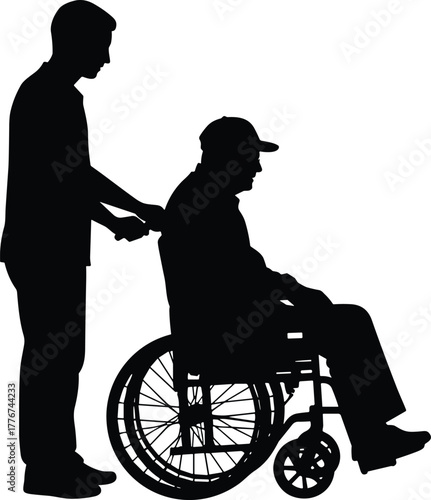 Silhouette of caregiver helping elderly man in wheelchair, concept of healthcare support, disability assistance, compassion and medical care