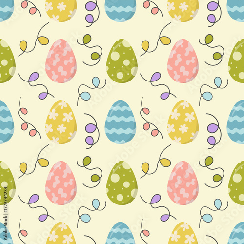 Colorful Easter Egg Seamless Pattern with Festive Decorations, Spring Holiday Background for Textiles Paper and Crafts