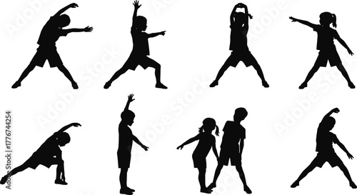 Silhouette of children exercising and stretching, group kids workout poses, healthy lifestyle, fitness activity, outdoor fun, balance and energy