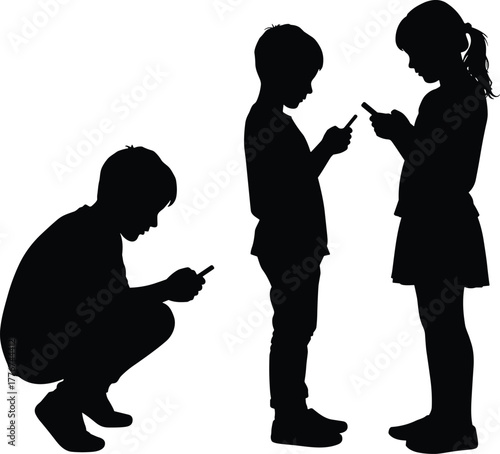 Silhouette of children using smartphones, digital addiction concept, modern technology generation, screen time, kids online communication, mobile device illustration