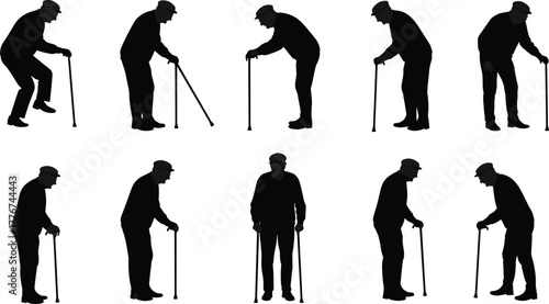 Silhouette of elderly man walking with cane, senior person standing and bending in different poses, aging health and mobility concept illustration