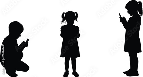 Silhouette of children using smartphones, digital generation concept, technology addiction awareness, modern kids communication, online lifestyle, social media influence illustration