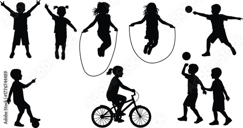Silhouette of happy children playing outdoors with ball, bicycle, and jump rope, symbol of childhood fun, activity, and friendship