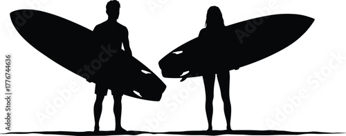 Silhouette of man and woman surfers standing with surfboards on beach, summer ocean sport, surfing lifestyle vector illustration