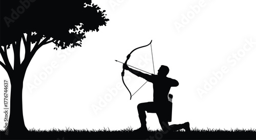 Silhouette of man archer aiming bow and arrow near tree, outdoor hunting, focus, precision, survival, adventure illustration