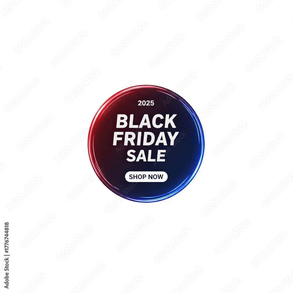 Obraz premium Black friday sale 2025 circular badge with shop now button and gradient effect, isolated on transparent background