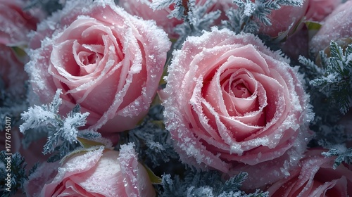 Crystalline Frost on Pink Roses in Cold Winter Atmosphere