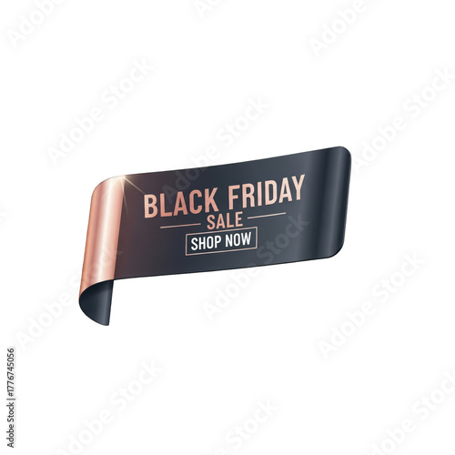 Black friday sale banner with shop now button and rose gold accent, isolated on transparent background