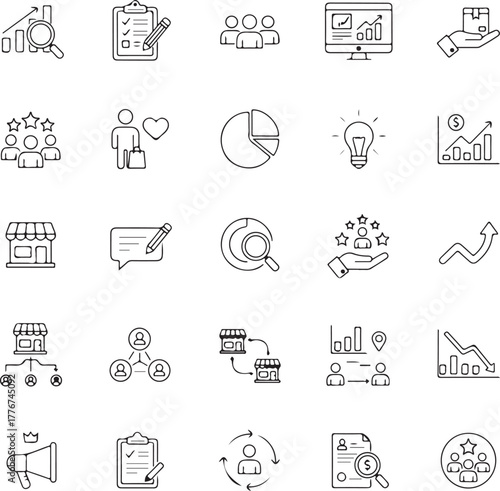 Market Research icon collection set. Containing analysis, consumer behavior, focus group, questionnaire, sampling, market segmentation,
