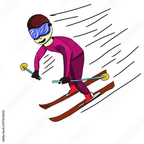 Vector hand drawn illustration of a skier. Hand drawing of a skier going fast down the slope. Traditional winter sport, downhill skiing, alpine skiing.