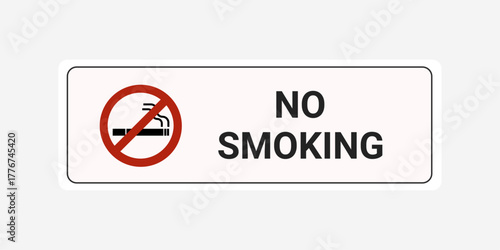 A rectangular no smoking sign, featuring a crossedout cigarette symbol and the words no smoking in bold, black letters against a clean, white backdrop