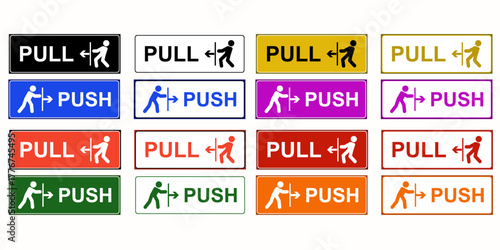 Push and Pull Door Signs Collection Vector – Colorful Instructional Signs for Entrance and Exit, Visual Guidance, Accessibility, User-Friendly Design, Public and Commercial Spaces