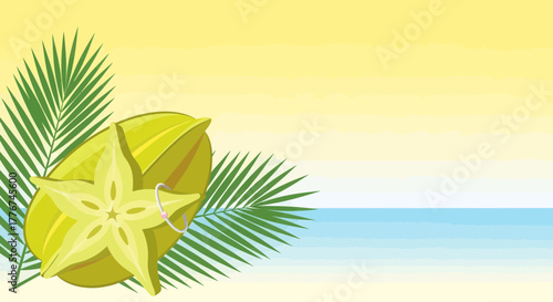 Exotic Carambola Display with Palm Fronds Against A Tropical Azure and Sunshine Background