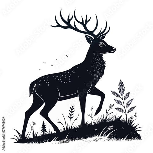 Graceful Deer Silhouette Vector on White Minimalist Wildlife Background  