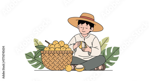 Farmer Harvesting Fruit and Relaxing Beside a Wicker Basket In a Peaceful Scene