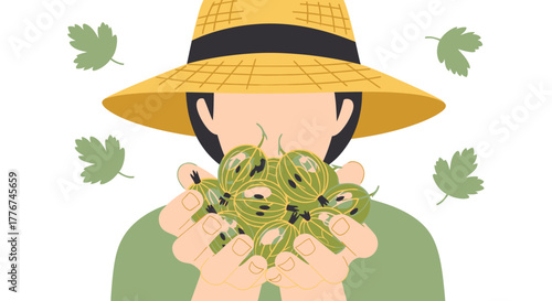 Farmer Holding Fresh Harvest of Gooseberries in The Sunlight, Close Up