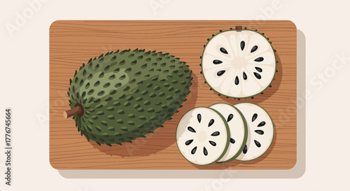 Exotic Fruit Illustration: Fresh Soursop Displayed Whole And Sectioned For Culinary Use
