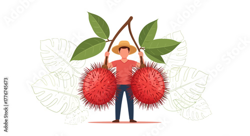 Farmer Holding Rambustans Under Branch With Green Leaves And Monstera Background